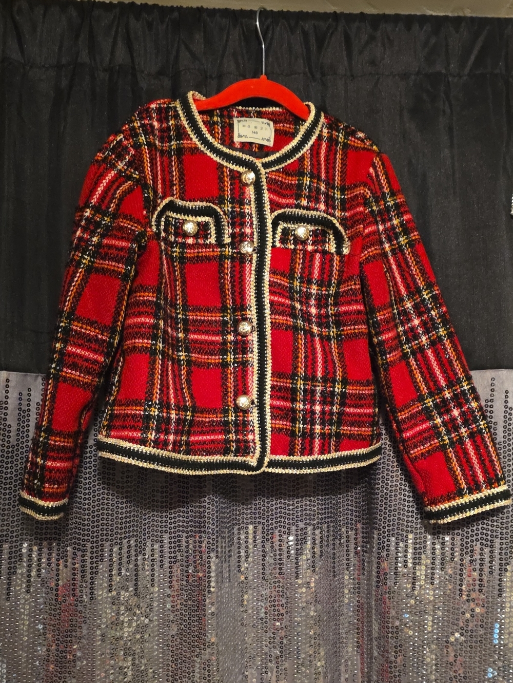 Girls Red Plaid Tweed Jacket with Gold Trim